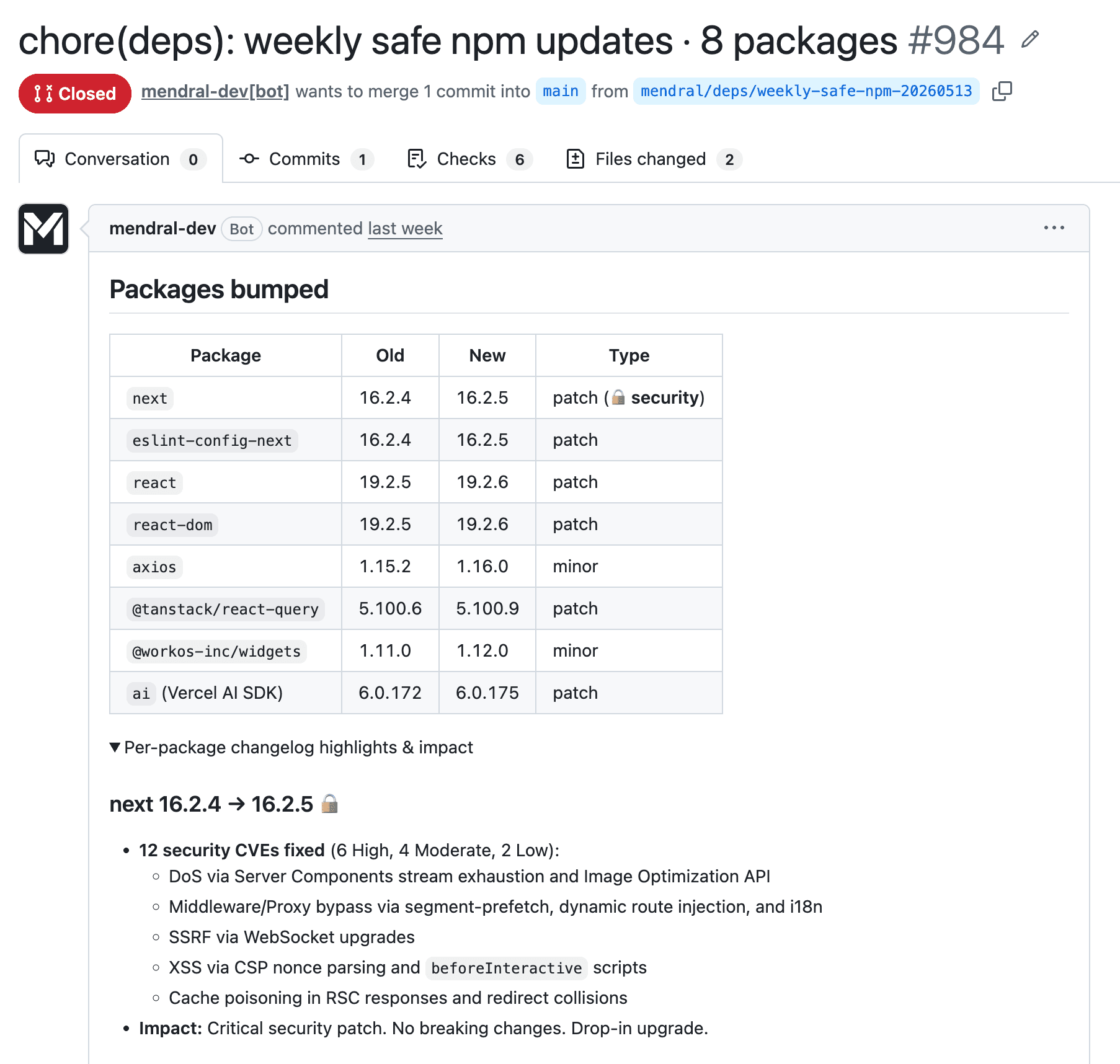 Weekly safe npm updates PR bumping 8 packages: next 16.2.4 to 16.2.5 (security patch fixing 12 CVEs including DoS, middleware bypass, SSRF, XSS, cache poisoning), eslint-config-next, react/react-dom, axios, @tanstack/react-query, @workos-inc/widgets, and the Vercel AI SDK, with expanded per-package changelog highlights below the table