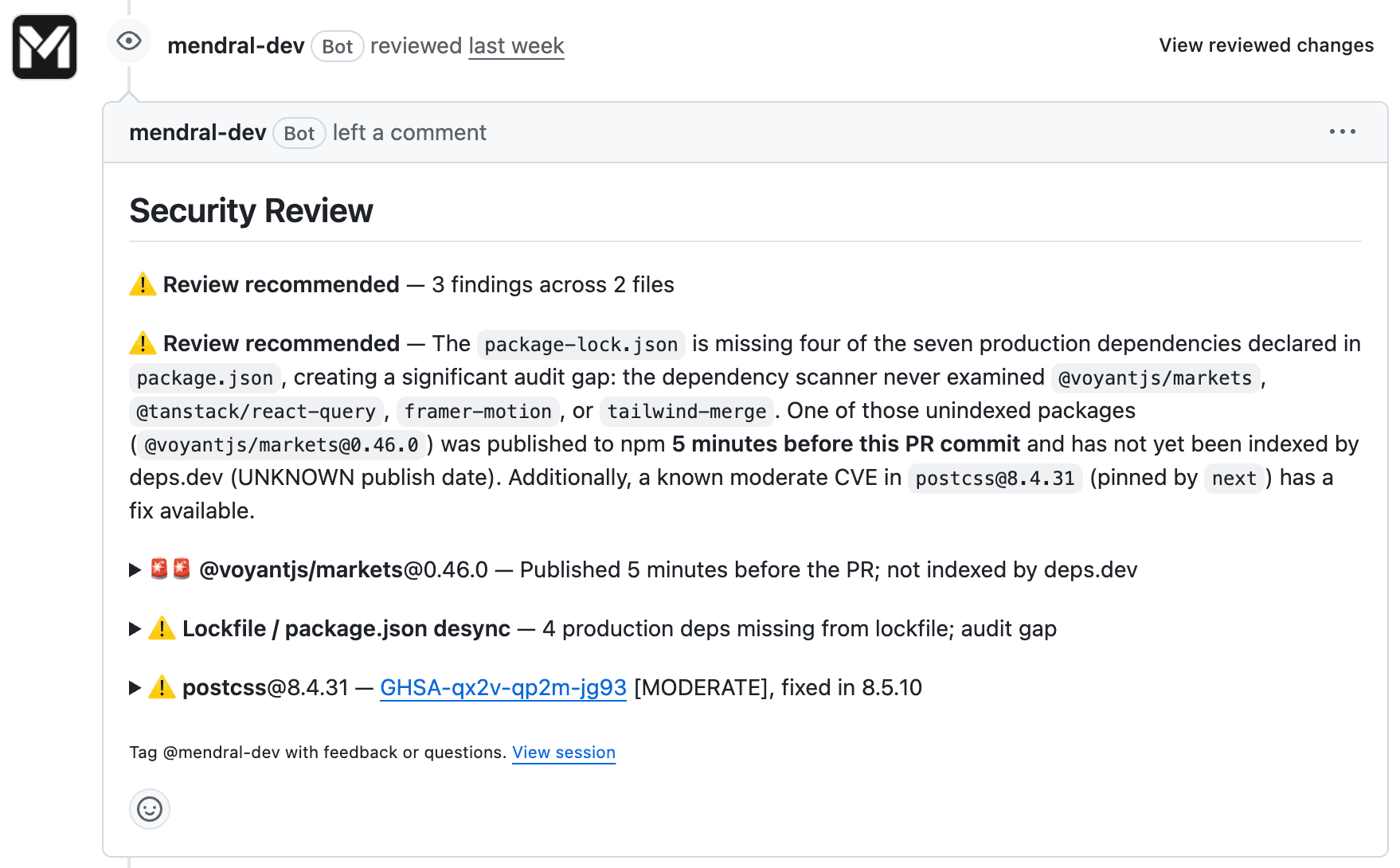 Mendral's security review comment on a real customer PR, flagging three findings: @voyantjs/markets@0.46.0 published 5 minutes before the PR, lockfile/package.json desync with 4 missing production deps, and postcss@8.4.31 with a known moderate CVE that has a fix in 8.5.10